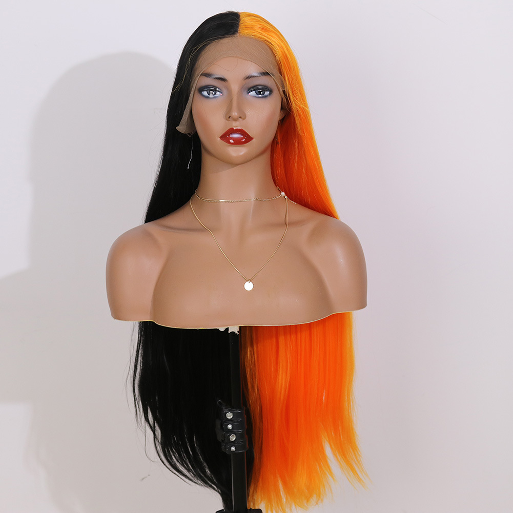 Cross border foreign trade hot selling two-color spliced lace synthetic wig full head cover 26 inch mid split long straight hair cosplay style Cross border foreign trade hot selling two-color spliced lace synthetic wig full head cover 26 inch mid split long straight hair cosplay style