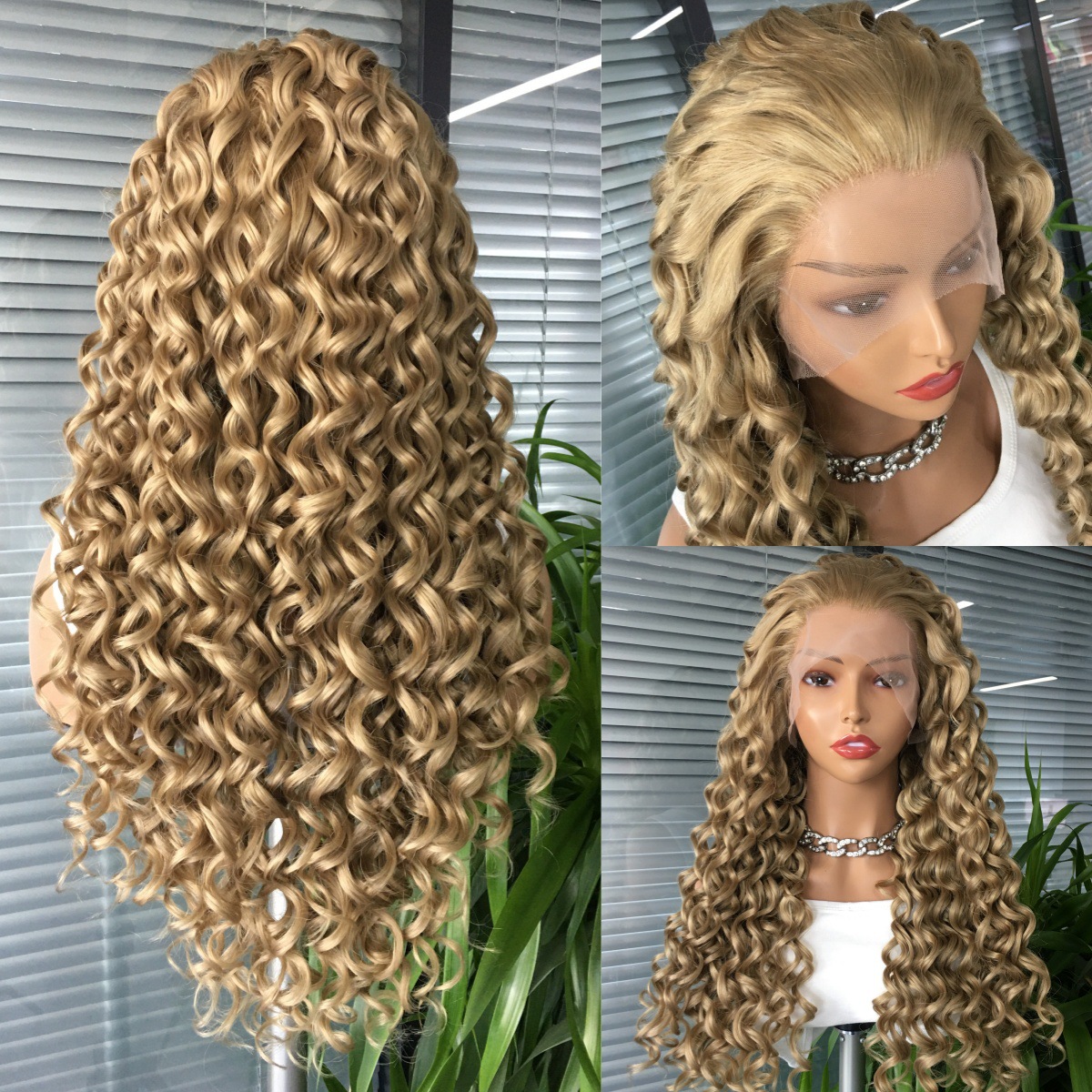 Golden 13x4 synthetic lace wig with small curve, cross-border European and American wig head cover manufacturer direct sales
