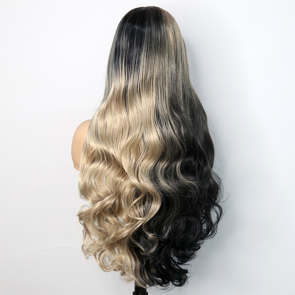 Cross border two-color splicing front lace synthetic wig headband with large wavy curls, 26 inches, one piece hair replacement Cross border two-color splicing front lace synthetic wig headband with large wavy curls, 26 inches, one piece hair replacement
