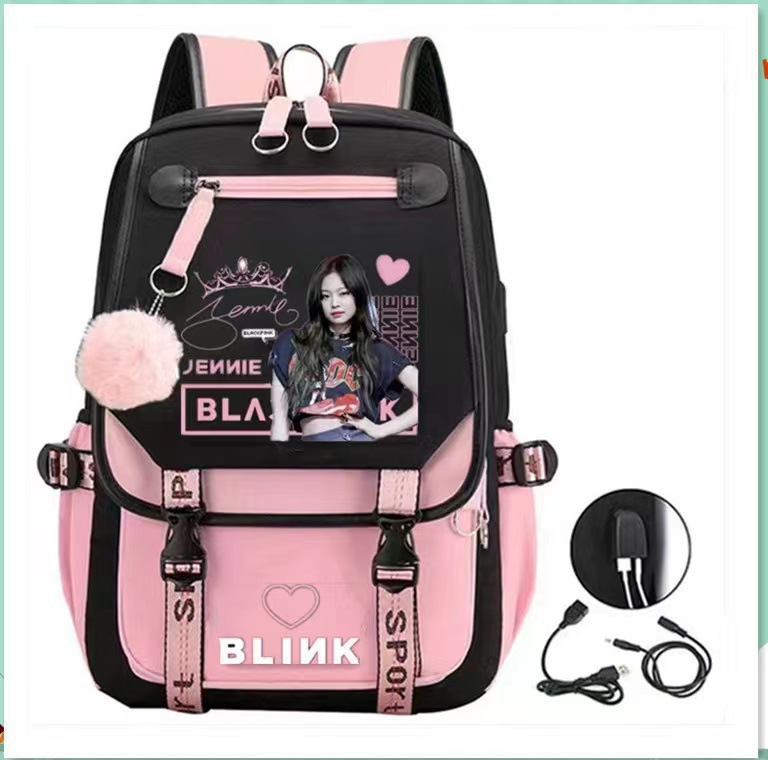 Korean girl group Kim Ji soo, Kim Jenny, Park Choi young printed backpack, backpack, large capacity USB interface, student Korean girl group Kim Ji soo, Kim Jenny, Park Choi young printed backpack, backpack, large capacity USB interface, student