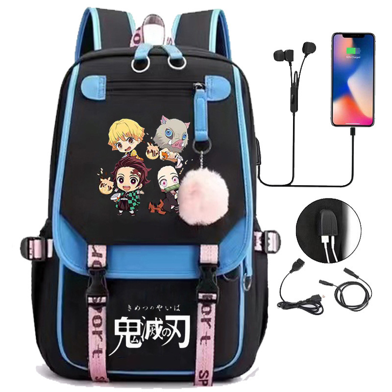 Japanese anime ghost extermination peripheral backpack, large capacity, teenage student backpack, USB interface computer bag, travel bag Japanese anime ghost extermination peripheral backpack, large capacity, teenage student backpack, USB interface computer bag, travel bag