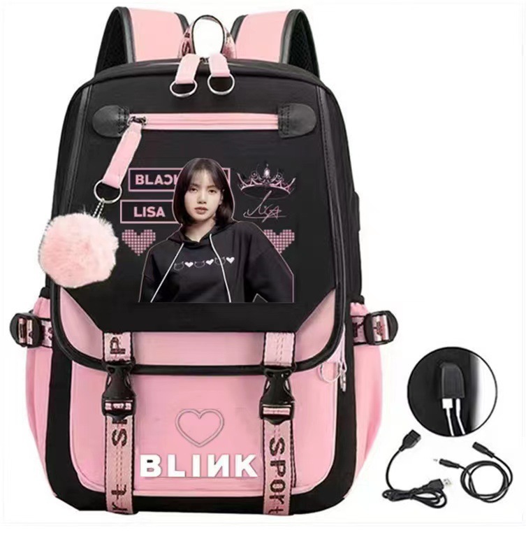 Korean girl group Kim Ji soo, Kim Jenny, Park Choi young printed backpack, backpack, large capacity USB interface, student Korean girl group Kim Ji soo, Kim Jenny, Park Choi young printed backpack, backpack, large capacity USB interface, student