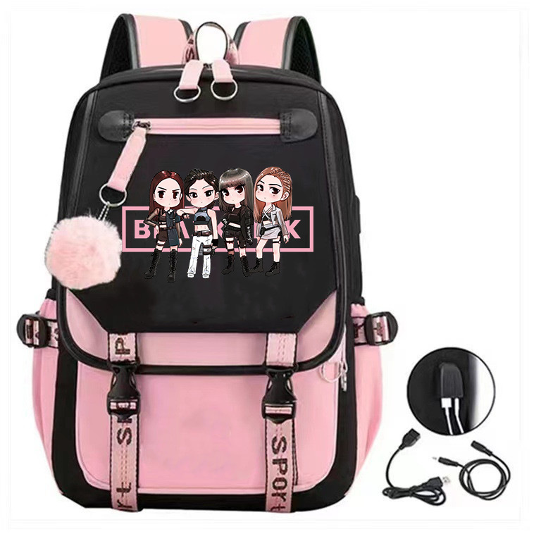 Korean girl group Kim Ji soo, Kim Jenny, Park Choi young printed backpack, backpack, large capacity USB interface, student