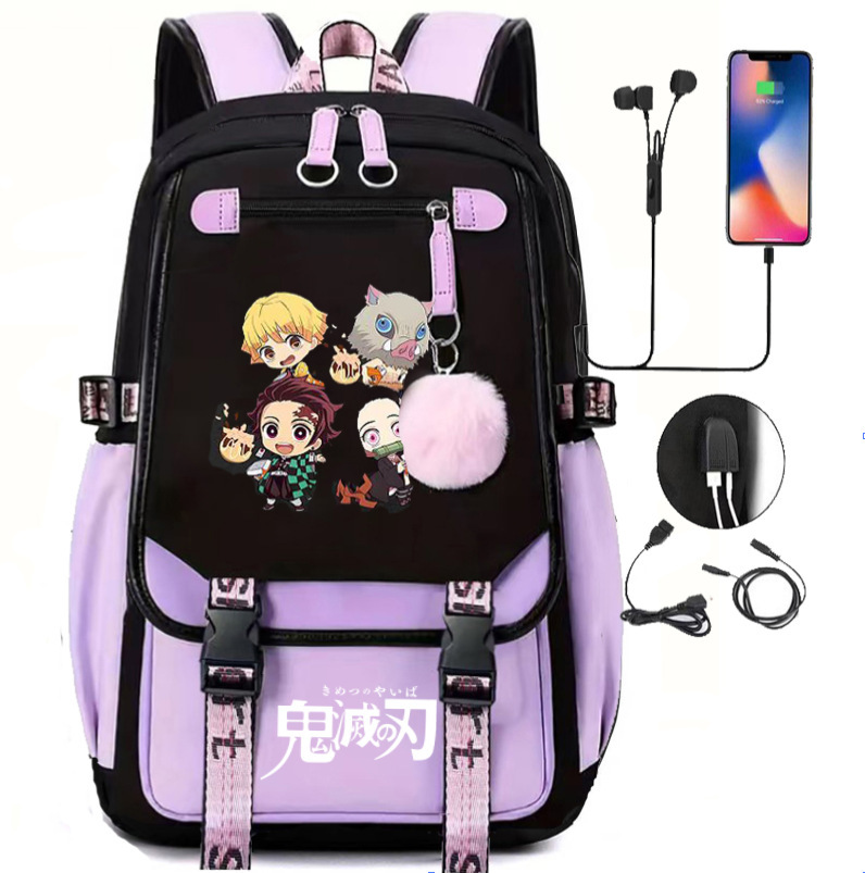 Japanese anime ghost extermination peripheral backpack, large capacity, teenage student backpack, USB interface computer bag, travel bag Japanese anime ghost extermination peripheral backpack, large capacity, teenage student backpack, USB interface computer bag, travel bag