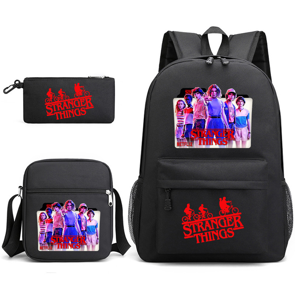 Stranger Things 3-piece backpack, casual canvas backpack, male and female student backpack, printed large capacity outdoor bag Stranger Things 3-piece backpack, casual canvas backpack, male and female student backpack, printed large capacity outdoor bag