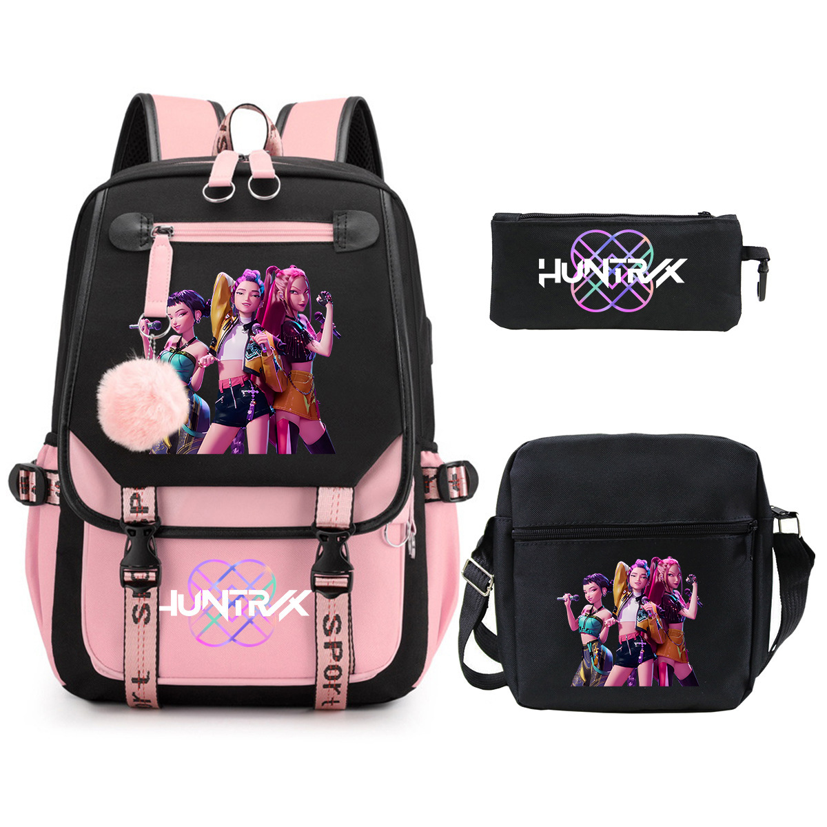 2025 Cross border New Amazon KPop Witch Hunt Student Backpack 3-Piece Pen Bag Crossbody Bag Set