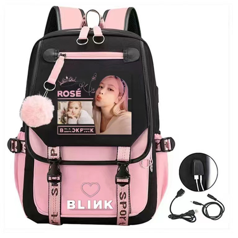 Korean girl group Kim Ji soo, Kim Jenny, Park Choi young printed backpack, backpack, large capacity USB interface, student Korean girl group Kim Ji soo, Kim Jenny, Park Choi young printed backpack, backpack, large capacity USB interface, student
