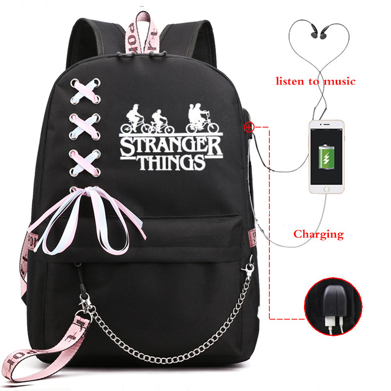 Cross border New American TV Series Stranger Story Backpack USB Charging Night Light Backpack for Middle School Students