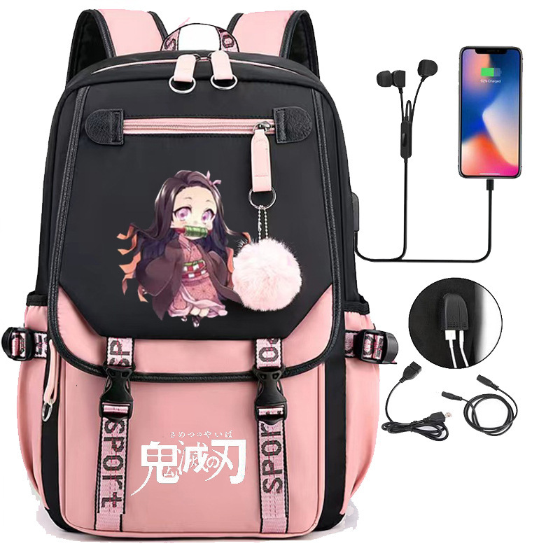 Japanese anime ghost extermination peripheral backpack, large capacity, teenage student backpack, USB interface computer bag, travel bag
