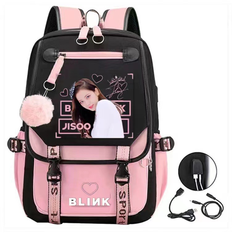 Korean girl group Kim Ji soo, Kim Jenny, Park Choi young printed backpack, backpack, large capacity USB interface, student Korean girl group Kim Ji soo, Kim Jenny, Park Choi young printed backpack, backpack, large capacity USB interface, student