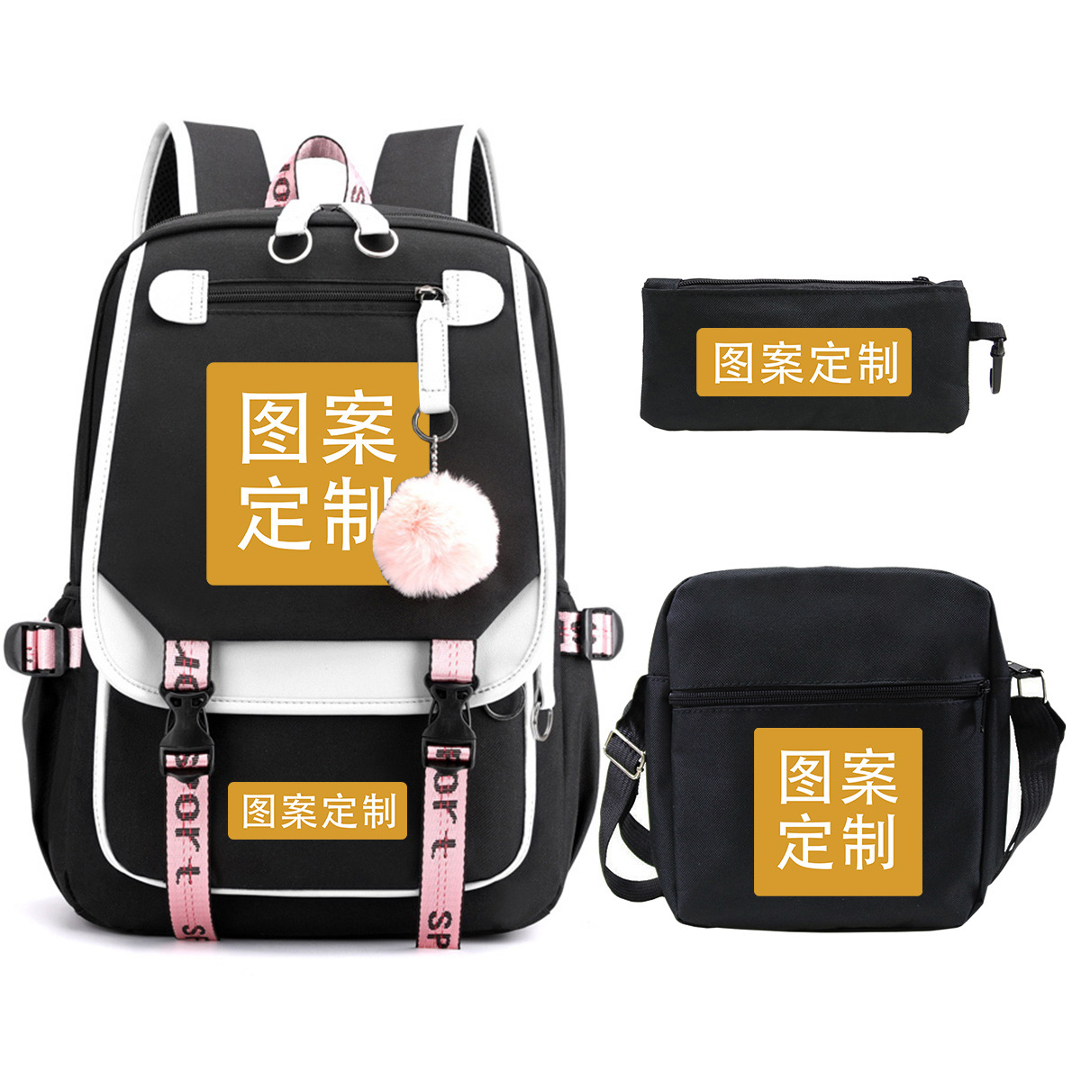 Cross border photo production of student backpack, shoulder bag, pencil case, three piece set, multifunctional fashion backpack, minimum order one piece