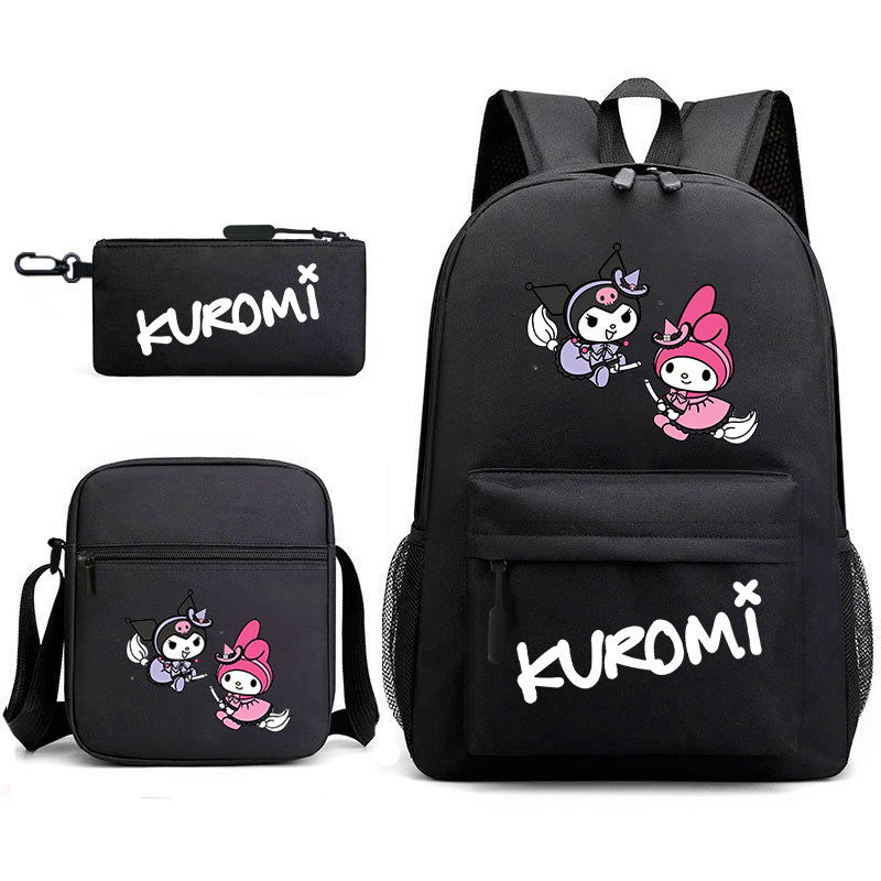 【 Factory Store 】 Kuromi Cross border Backpack Elementary School Backpack Cartoon Leisure Backpack 3-Piece Set