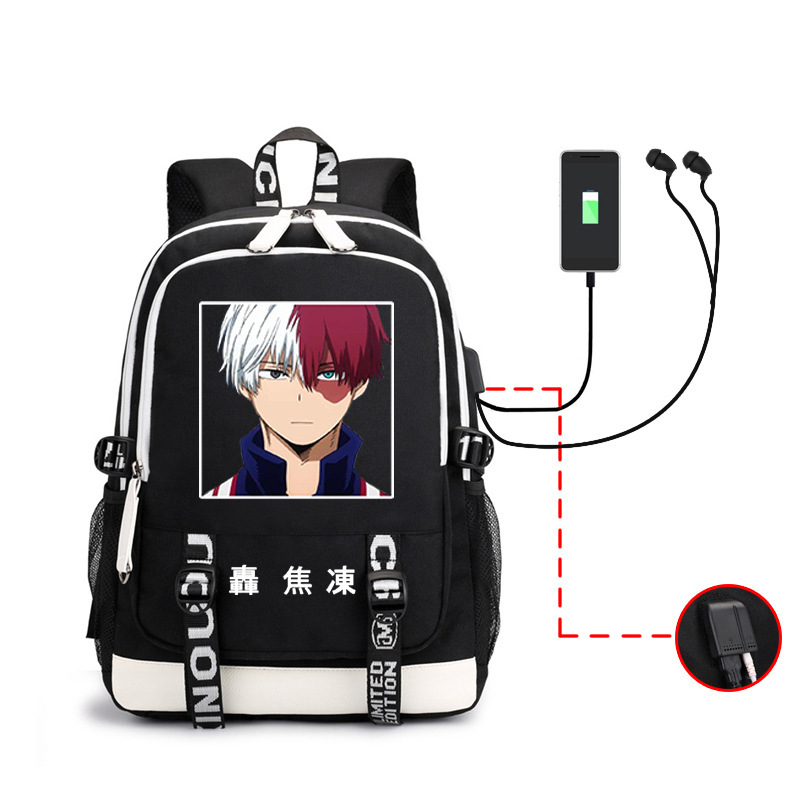 My Hero Academy peripheral backpack with USB interface, large capacity computer bag, student backpack