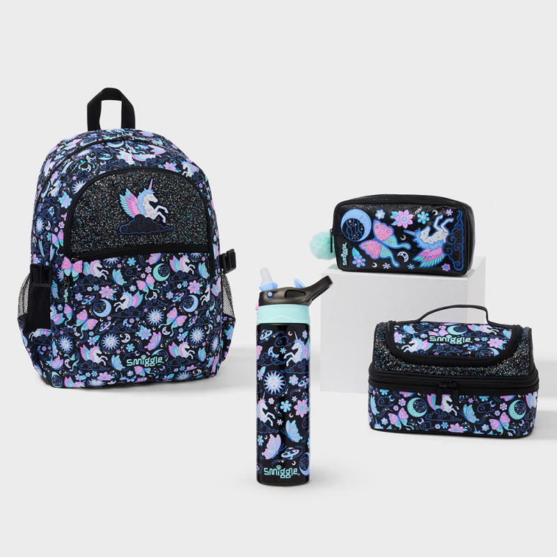 Australian smilgle backpack for elementary school students, black Pegasus cartoon children's backpack, backpack, meal bag, pencil case