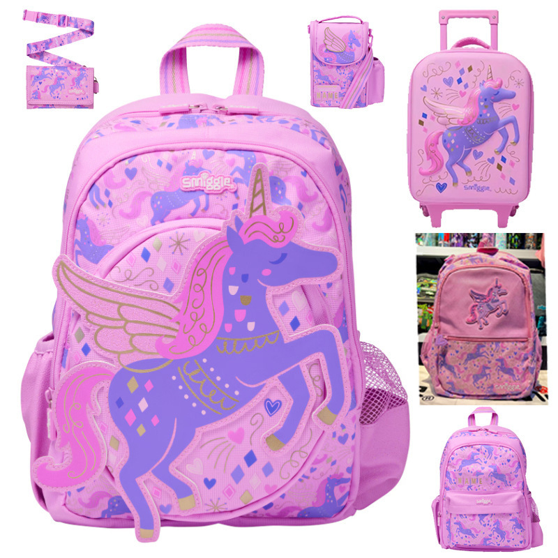 Australian Smiggle backpack cartoon galloping horse unicorn elementary school backpack wallet pull box meal bag