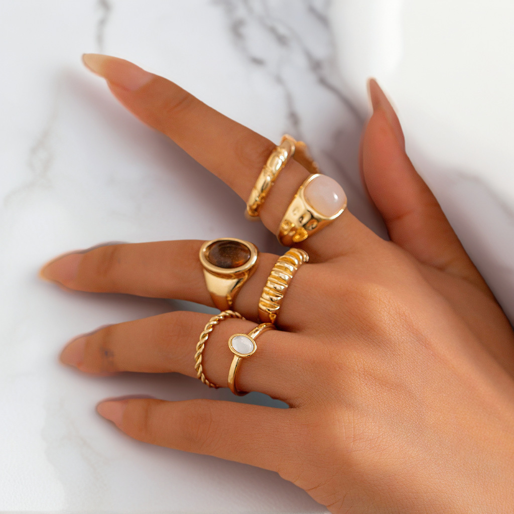 European and American Cross border 6-piece Bohemian Stacked Handmade Set for Women, Retro, Small, High end Ring Set