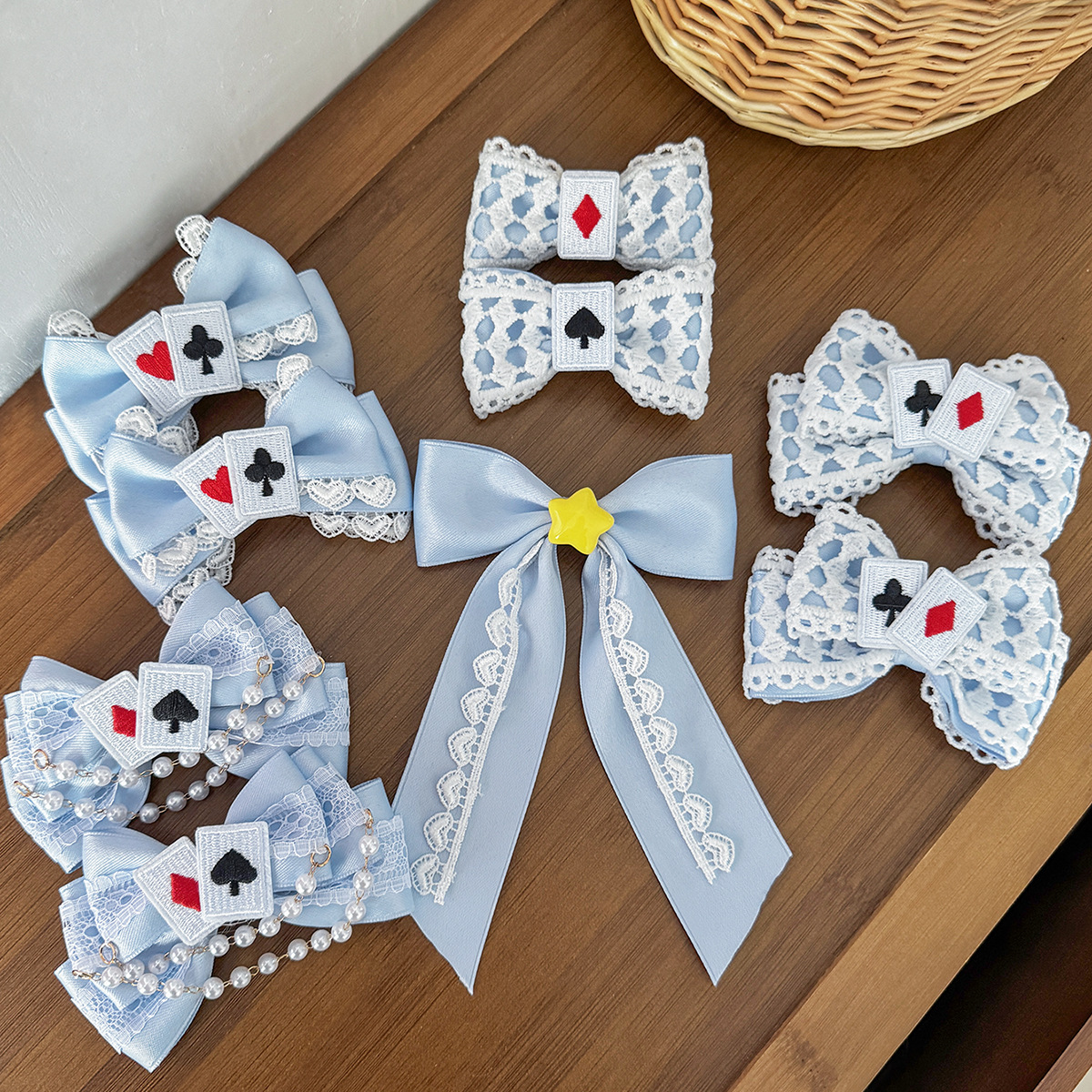 Blue Lolita style playing card lace bow hair clip Japanese girl sweet and cute side clip hair accessory