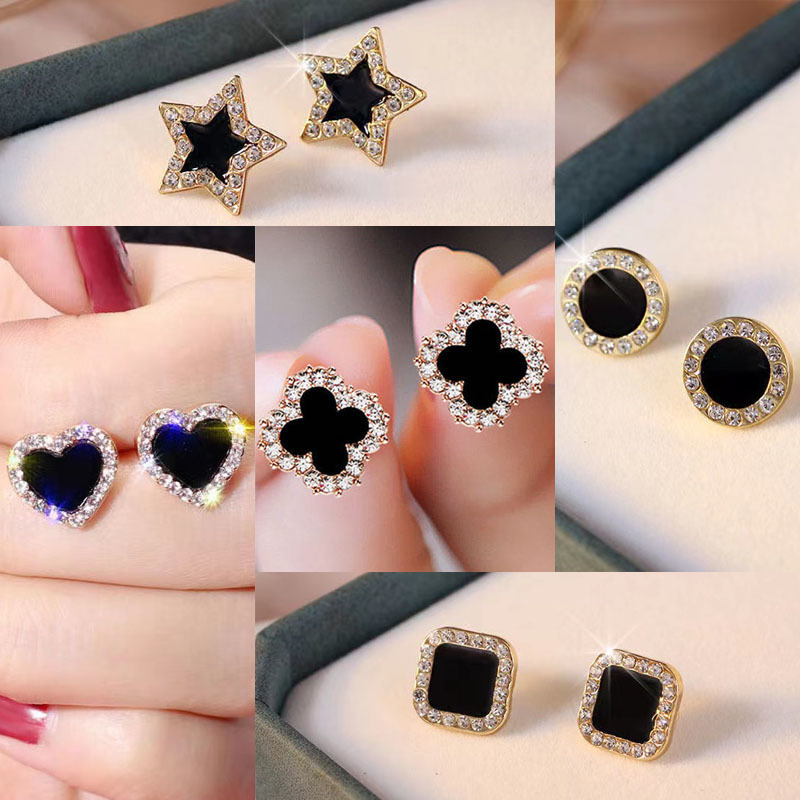 Hot selling women's earrings with light luxury and high-end feeling, star shaped heart, square clover, diamond studded earrings, trade and wholesale