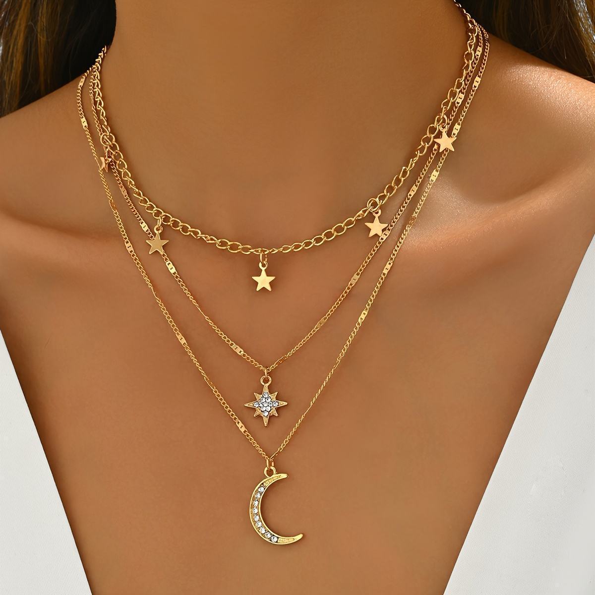 European and American cross-border jewelry fashion diamond studded pentagram crescent pendant, multiple layered necklace, personalized collarbone chain necklace accessories