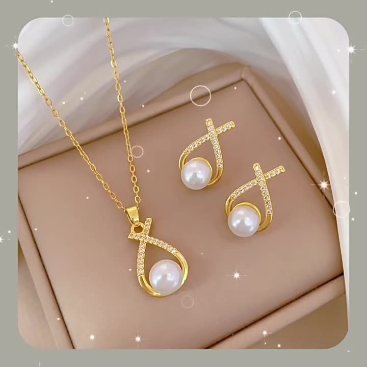Cross border hot selling high-end fashion temperament light luxury full of zirconium micro inlaid cross imitation pearl earrings necklace set combination