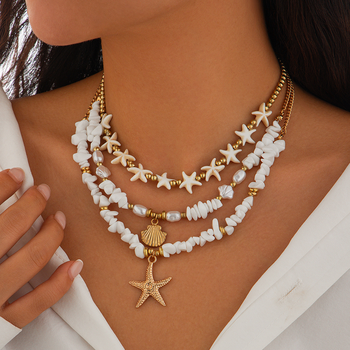 Bohemian imitation pearl vacation style necklace retro bead starfish shell pendant necklace set necklace necklace Bohemian imitation pearl vacation style necklace retro bead starfish shell pendant necklace set necklace necklace