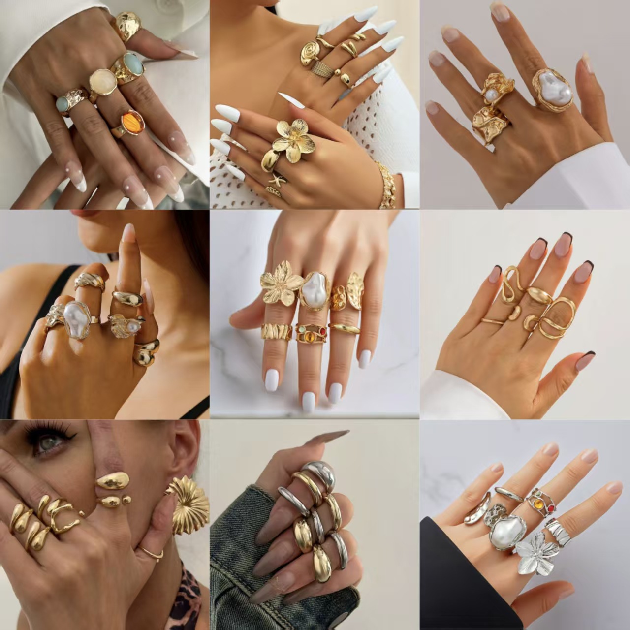 Cross border women's jewelry from Europe and America, niche high-end sense, light luxury imitation pearl ring, women's ring jewelry set accessories