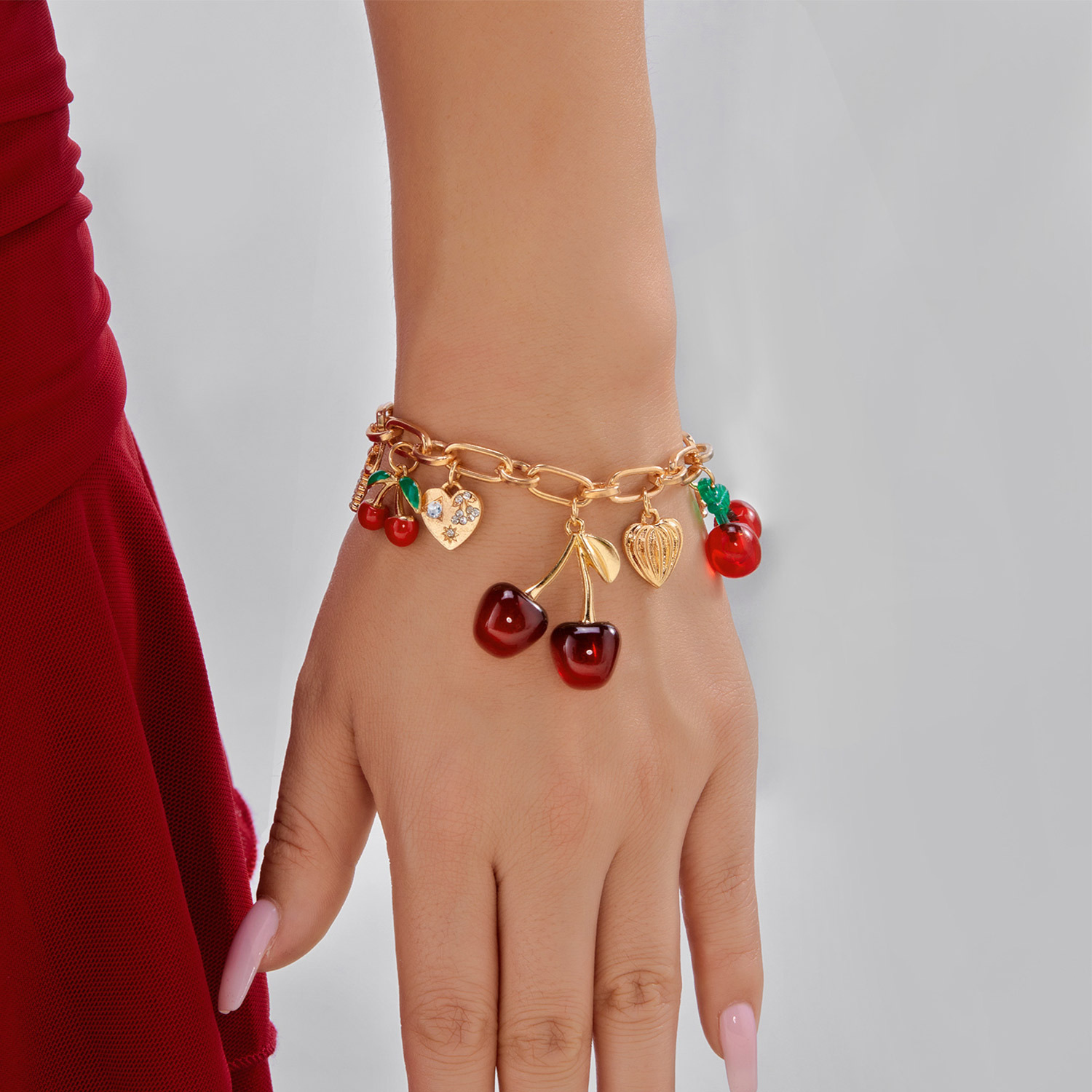 European and American popular cherry love chain bracelet ring for women, fashionable and versatile light luxury jewelry gift wholesale