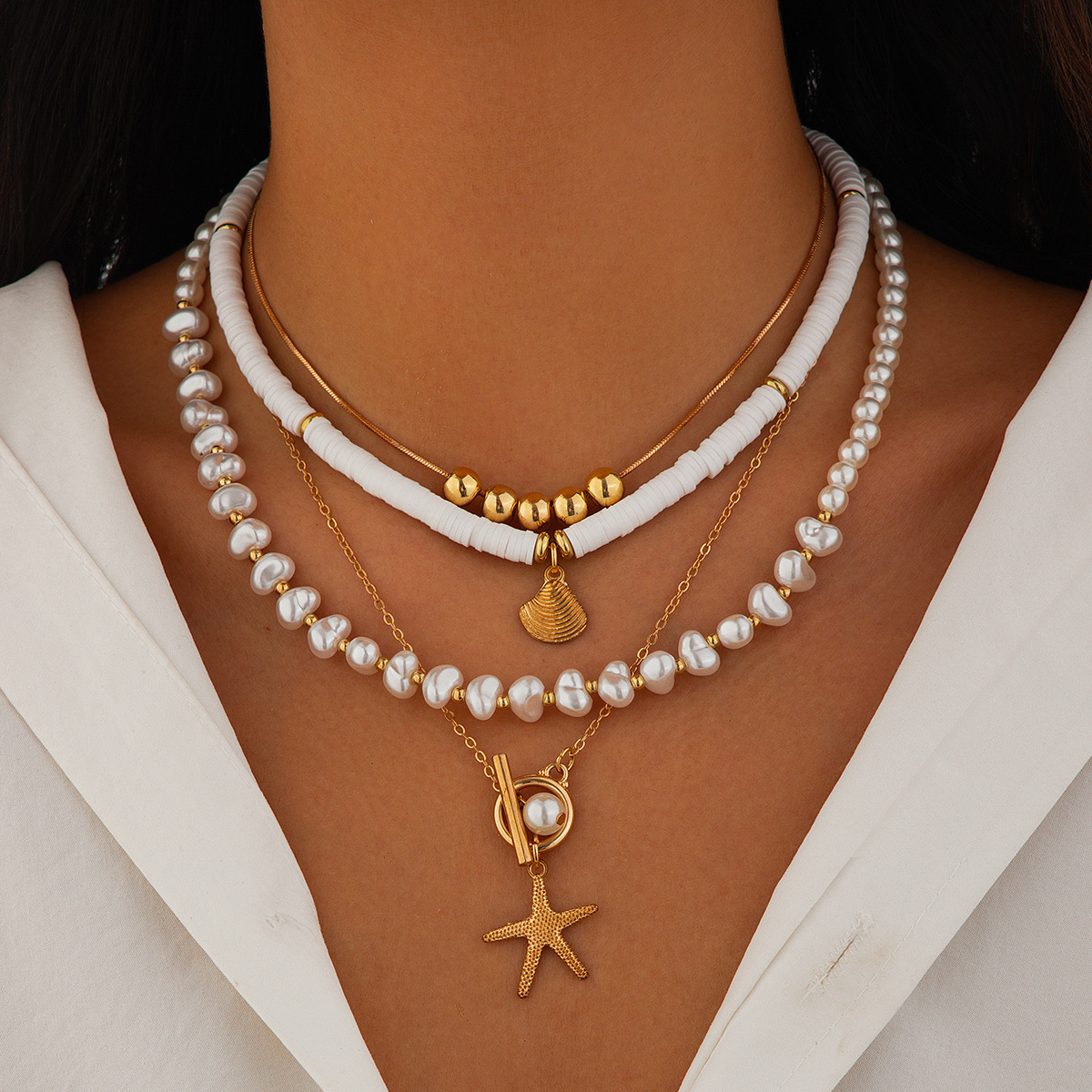 Bohemian imitation pearl vacation style necklace retro bead starfish shell pendant necklace set necklace necklace Bohemian imitation pearl vacation style necklace retro bead starfish shell pendant necklace set necklace necklace