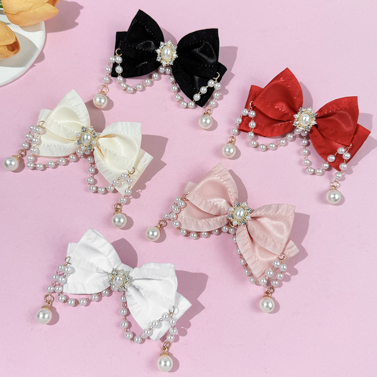 Korean version pearl tassel bow hair clip for girls, elegant French court style hair clip, sweet Lolita hair accessory