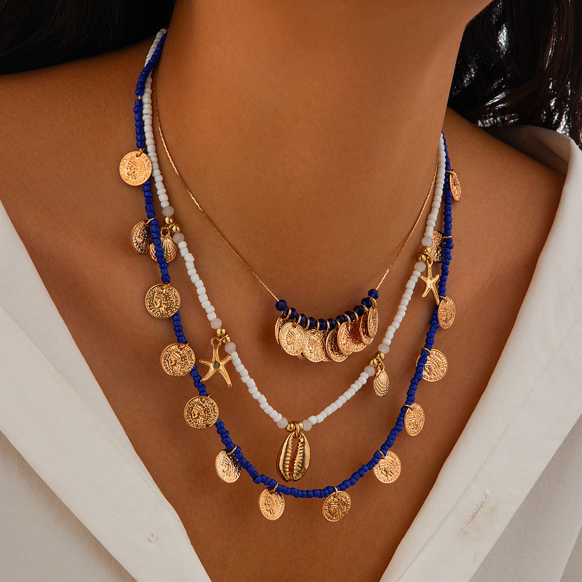 Bohemian imitation pearl vacation style necklace retro bead starfish shell pendant necklace set necklace necklace Bohemian imitation pearl vacation style necklace retro bead starfish shell pendant necklace set necklace necklace