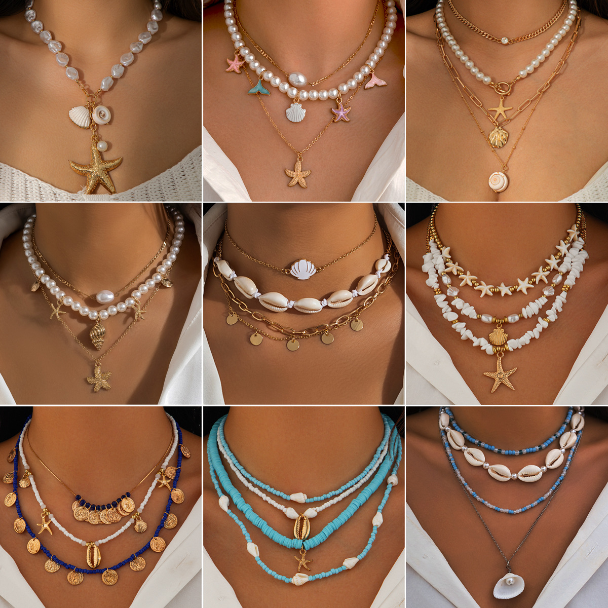 Bohemian imitation pearl vacation style necklace retro bead starfish shell pendant necklace set necklace necklace