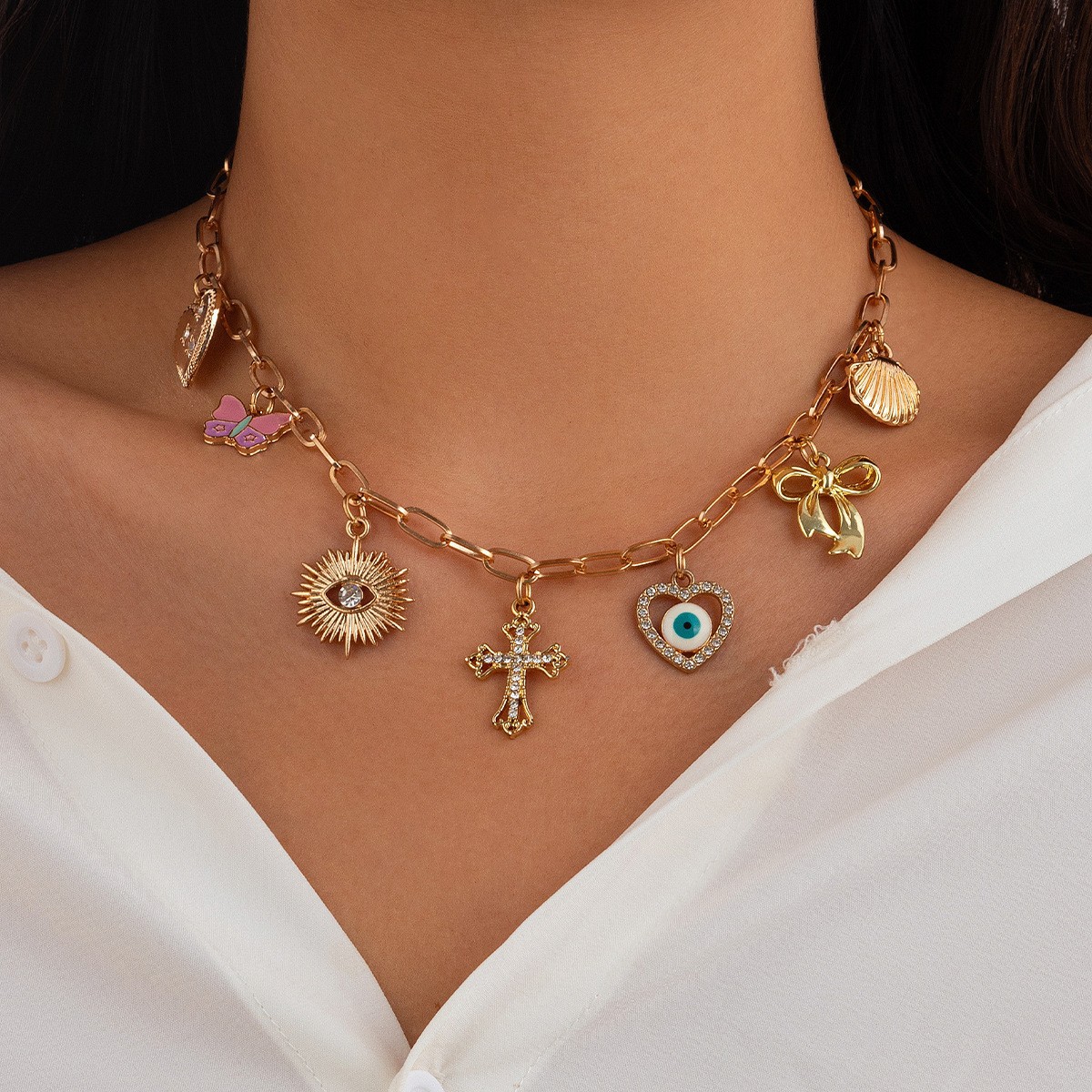 Cross border accessories from Europe and America, ocean style, shell inlaid with diamonds, tassel necklace, multiple cross pendants, accessories, clearance wholesale