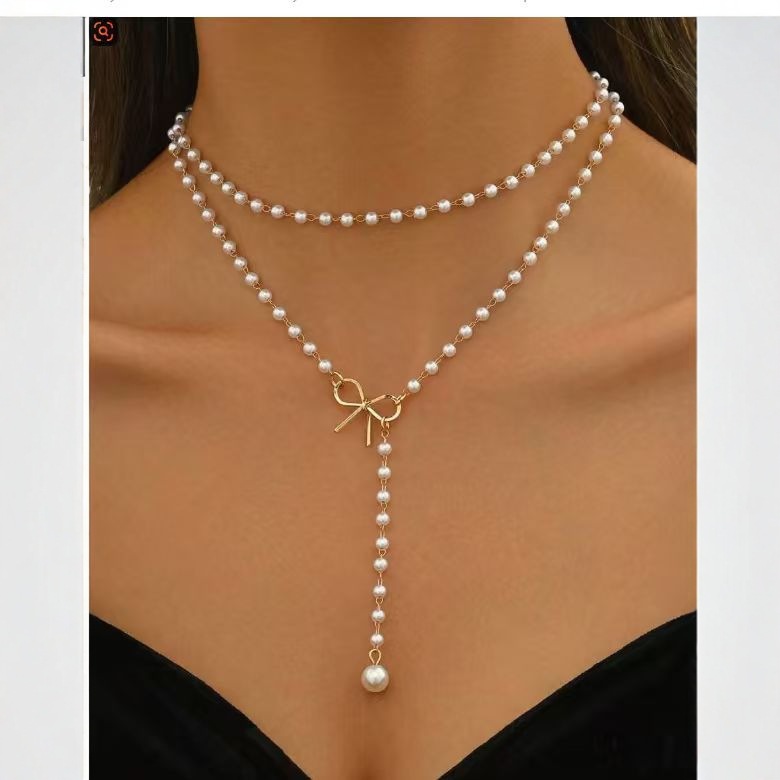 Amazon best-selling bow pendant bead necklace elegant Y-shaped women's collarbone chain elegant simple accessory