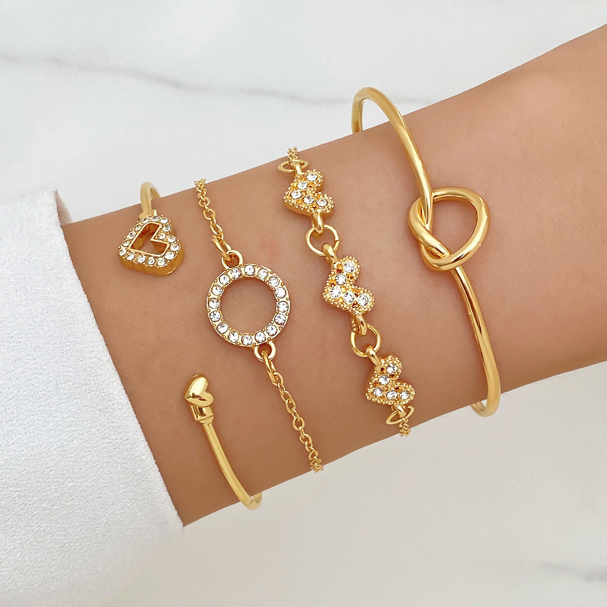 European and American style gold bracelet 4-piece set with diamond studded heart ring design, exquisite and versatile trendy accessory