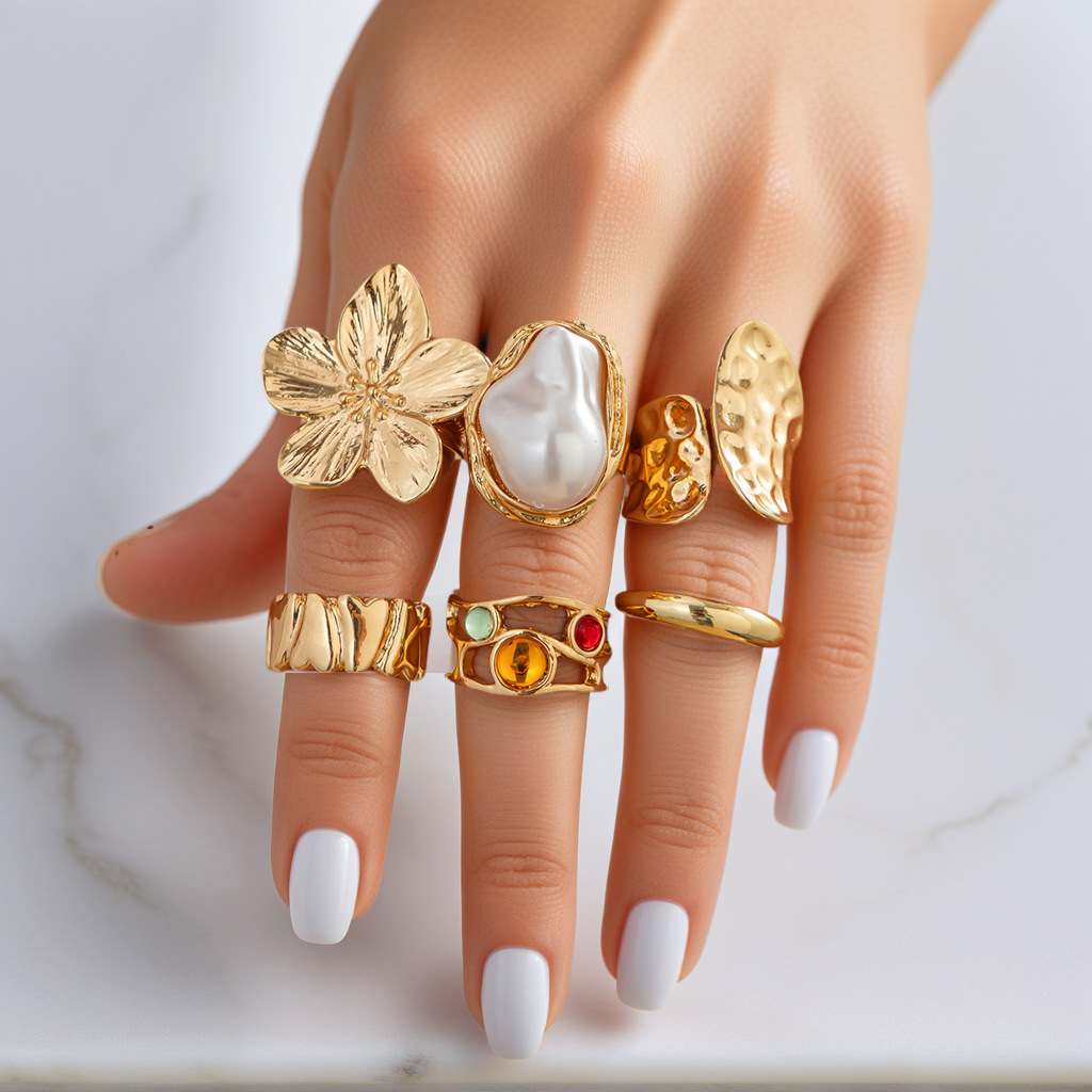 Cross border Baroque imitation pearl exaggerated ring set for women in Europe and America, with a niche and high-end feel, featuring floral and retro accessories