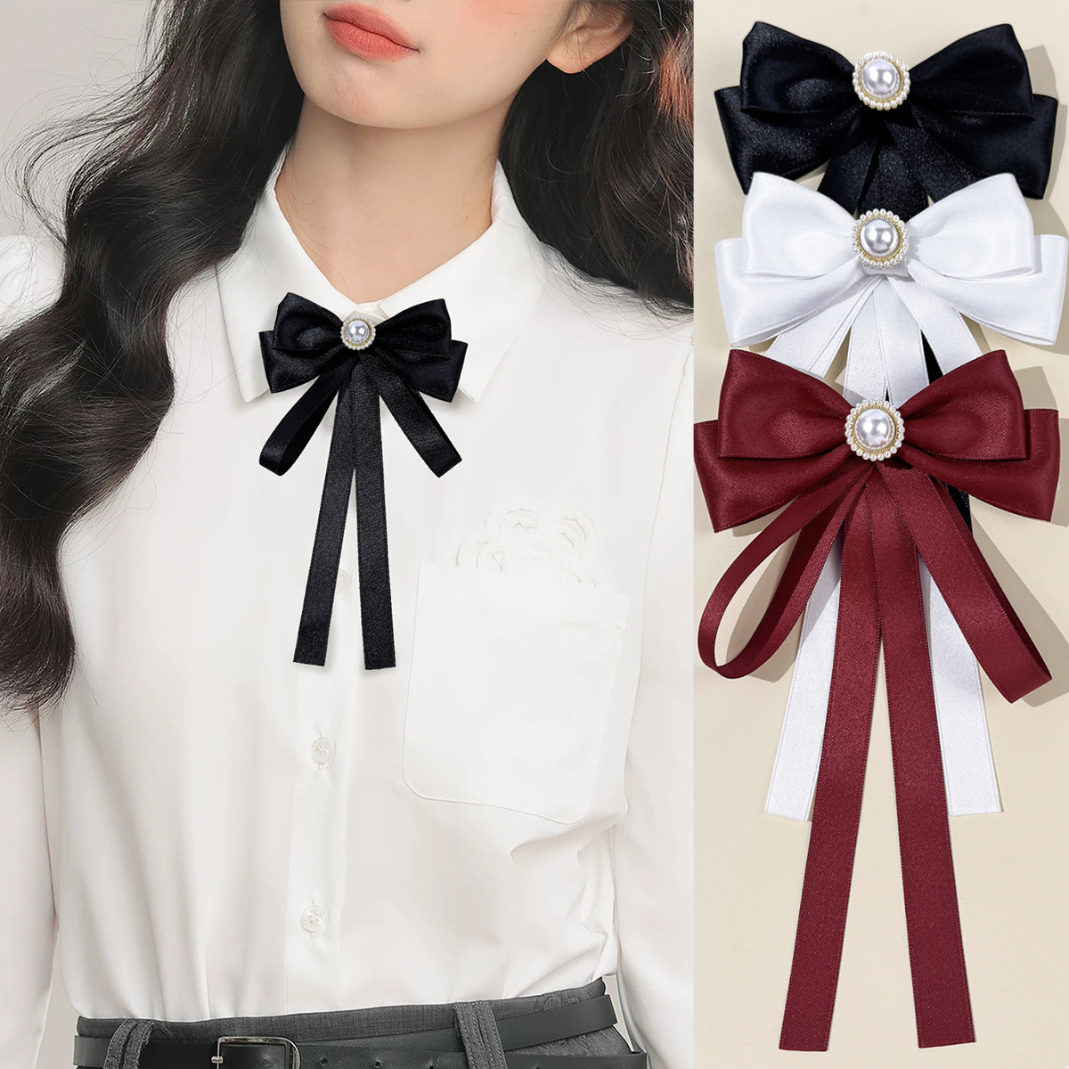 Korean version of ins college style bow, ribbon, bow tie, elegant feminine temperament, collar flower, small fresh shirt, shirt pin