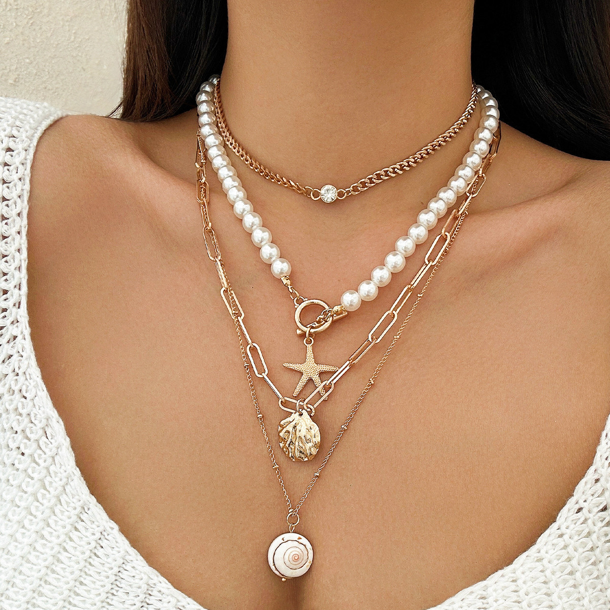 Bohemian imitation pearl vacation style necklace retro bead starfish shell pendant necklace set necklace necklace Bohemian imitation pearl vacation style necklace retro bead starfish shell pendant necklace set necklace necklace