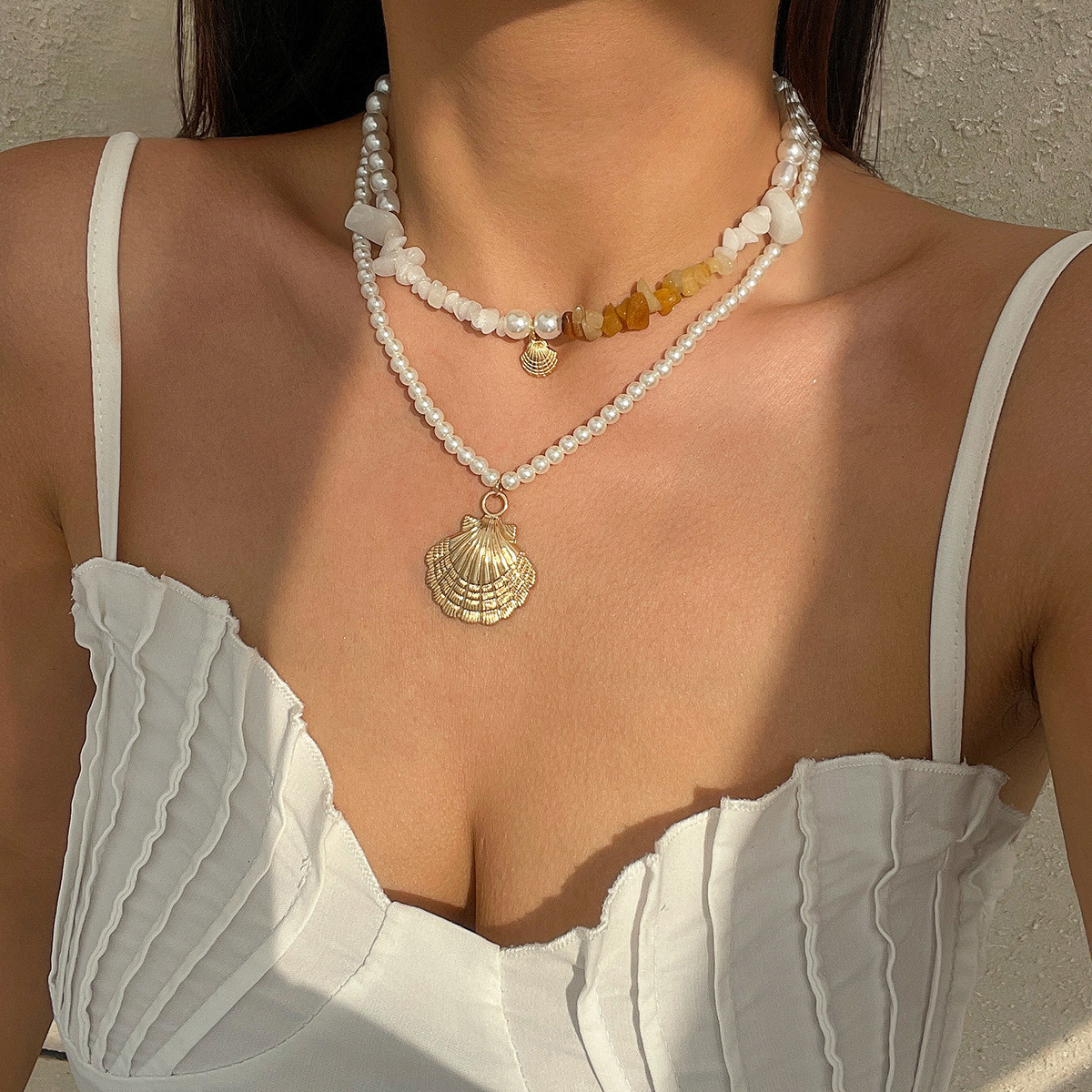 Bohemian imitation pearl vacation style necklace retro bead starfish shell pendant necklace set necklace necklace Bohemian imitation pearl vacation style necklace retro bead starfish shell pendant necklace set necklace necklace