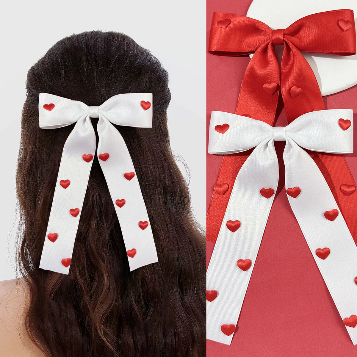 Valentine's Day red love bow ribbon hair clip, sweet and cute girl, top clip, fashionable hair accessory at the back of the head