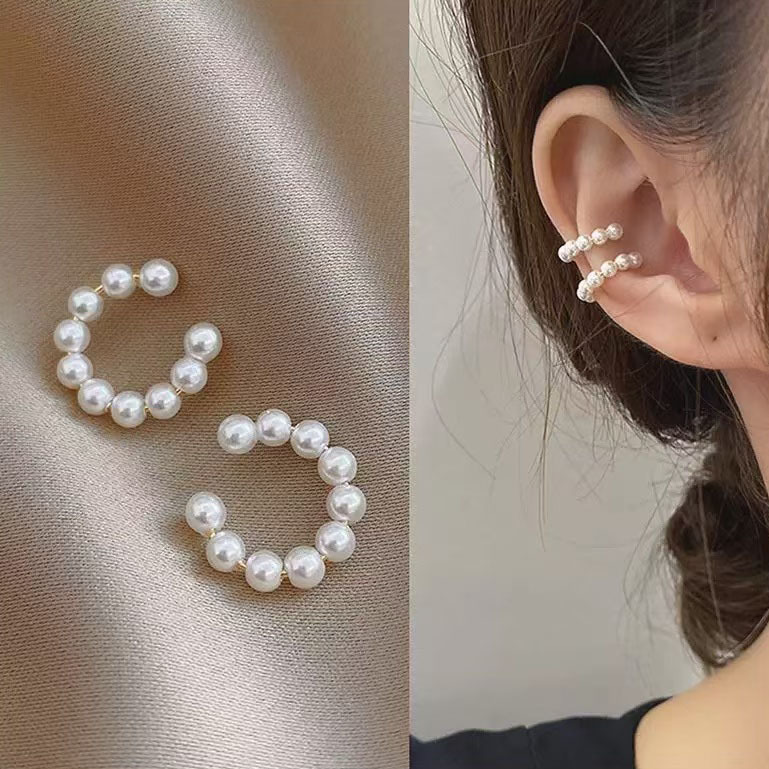 Cross border hot selling French fashion light luxury ins retro exquisite pearl high-end feeling ear clip earrings with hanging earrings at the back