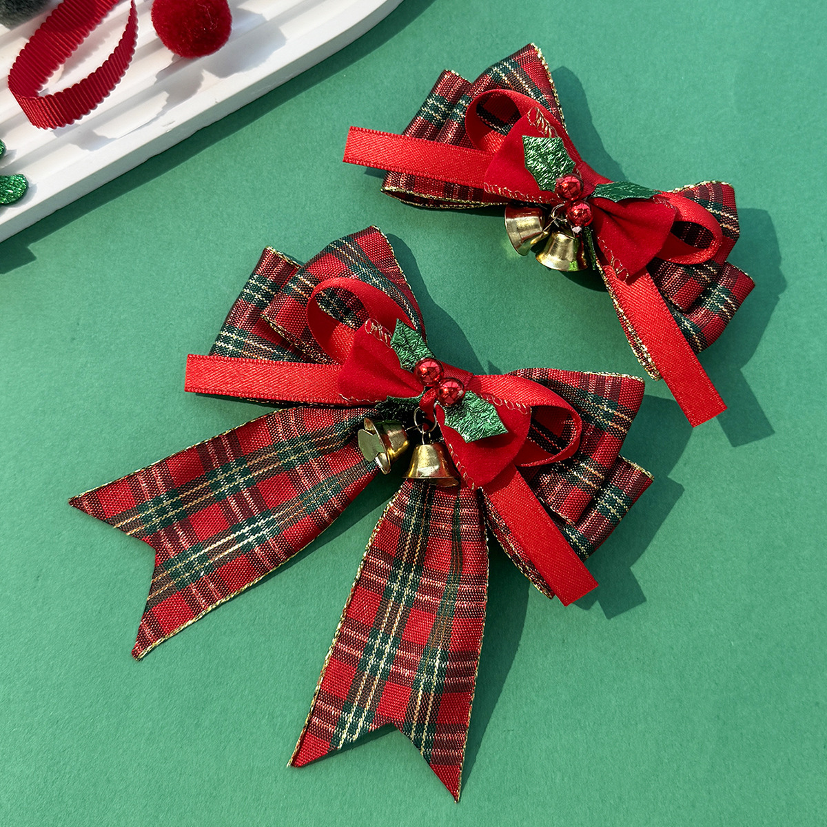 Red checkered bell bow hair clip Christmas style hair accessory sweet and cute girl festive New Year headpiece hair clip