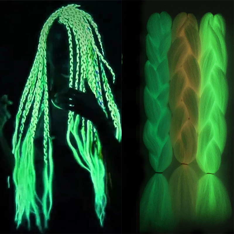 Luminous braids, ponytails, hair extensions, colored luminous braids, synthetic wigs, fluorescent ponytails, and large braids