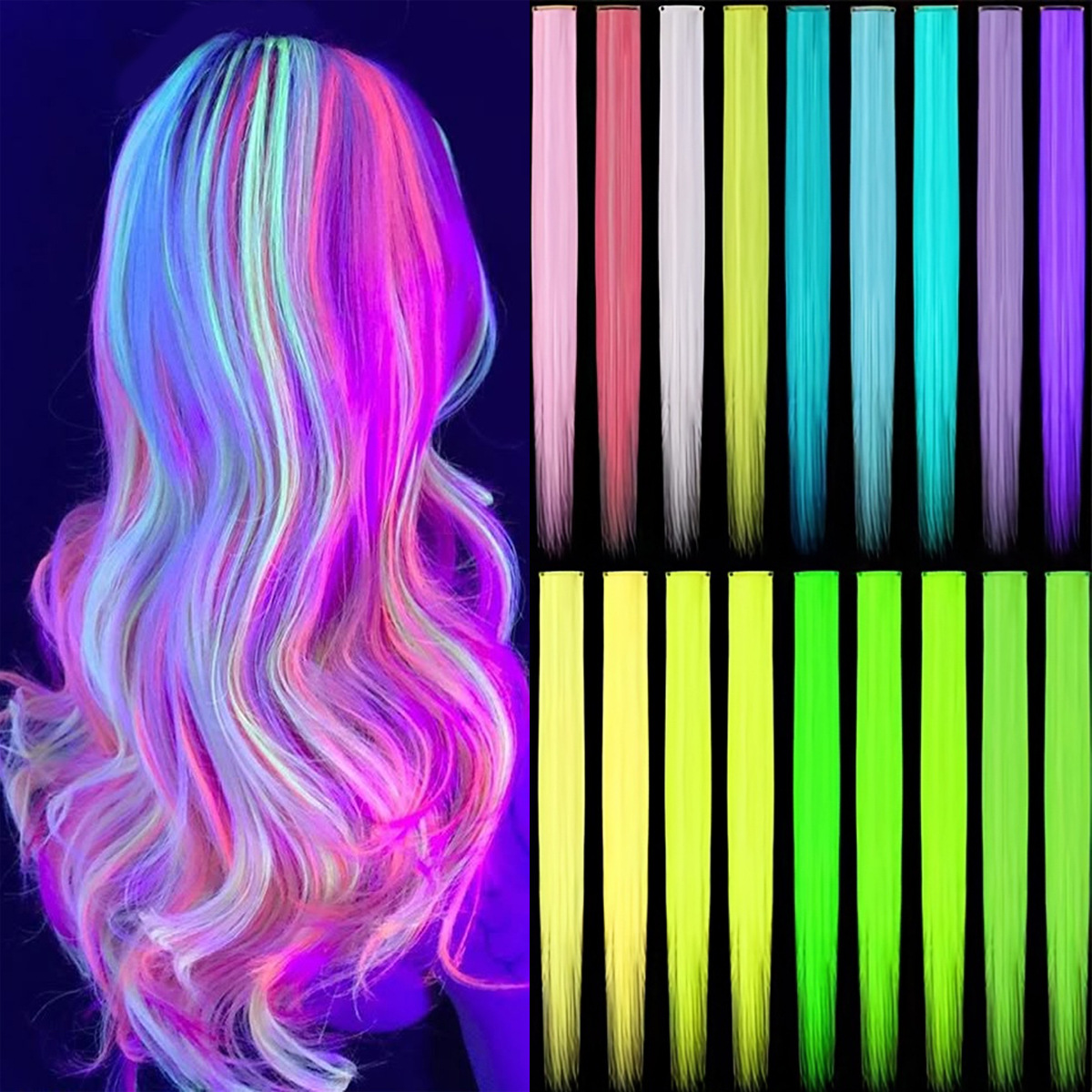Luminous hair patches, colored ear dye wig patches, first absorb light, then glow in the dark, internet famous, same style female straight hair extensions