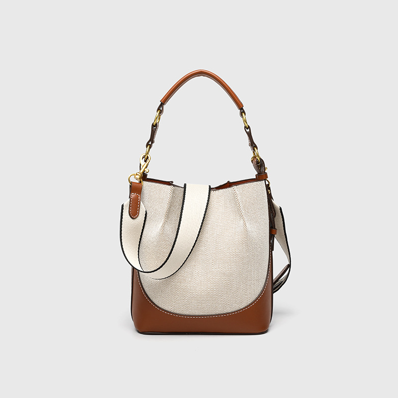 Z Home Same Style Cross border Brown Canvas Bundle Mouth Handbag for Women 2025 Wide Shoulder Strap Single Shoulder Cross Shoulder Water Bucket Bag for Women