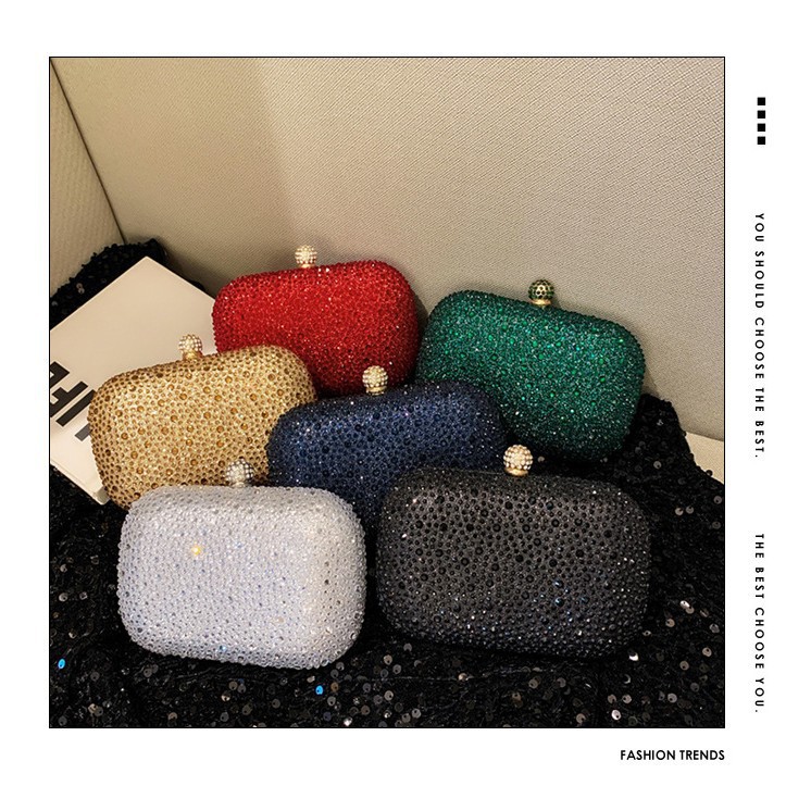 Cross border European and American style dinner bag, ladies' shiny rhinestone decoration handbag, box shaped fashionable temperament, elegant evening outfit bag