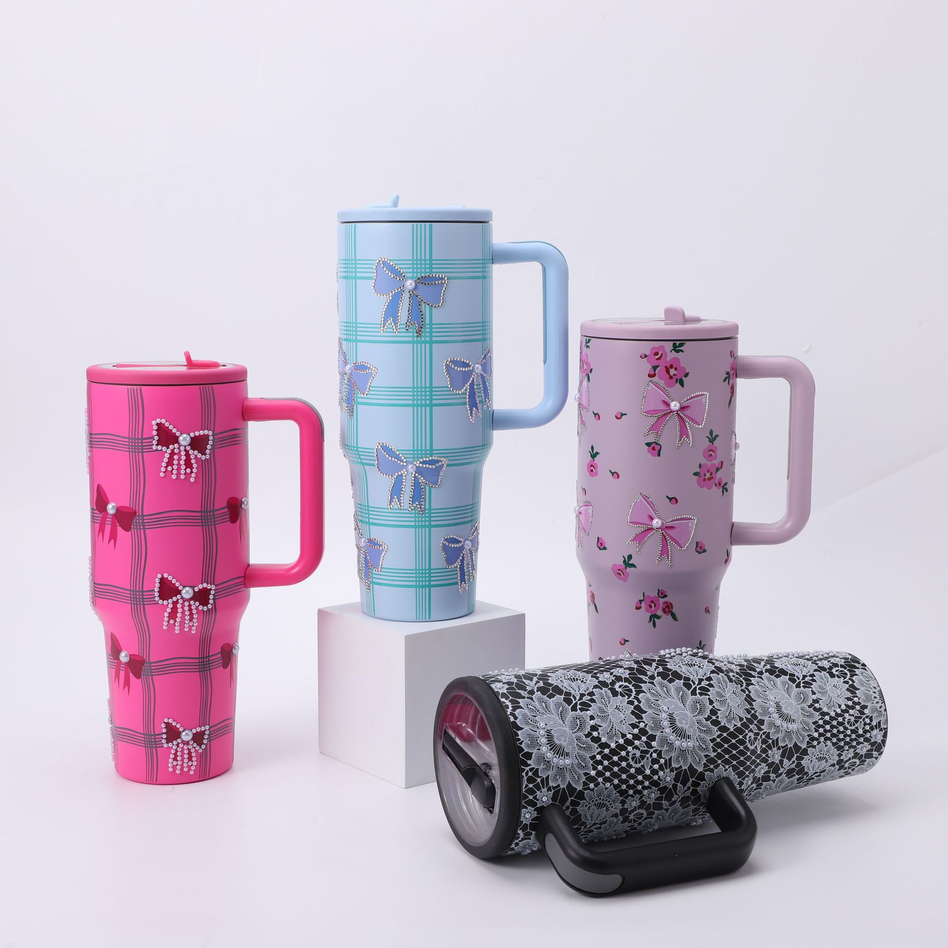 Customized 3D printed 304 stainless steel insulated cup with diamond studded 40oz ice cream cup, large capacity handle, point diamond car cup