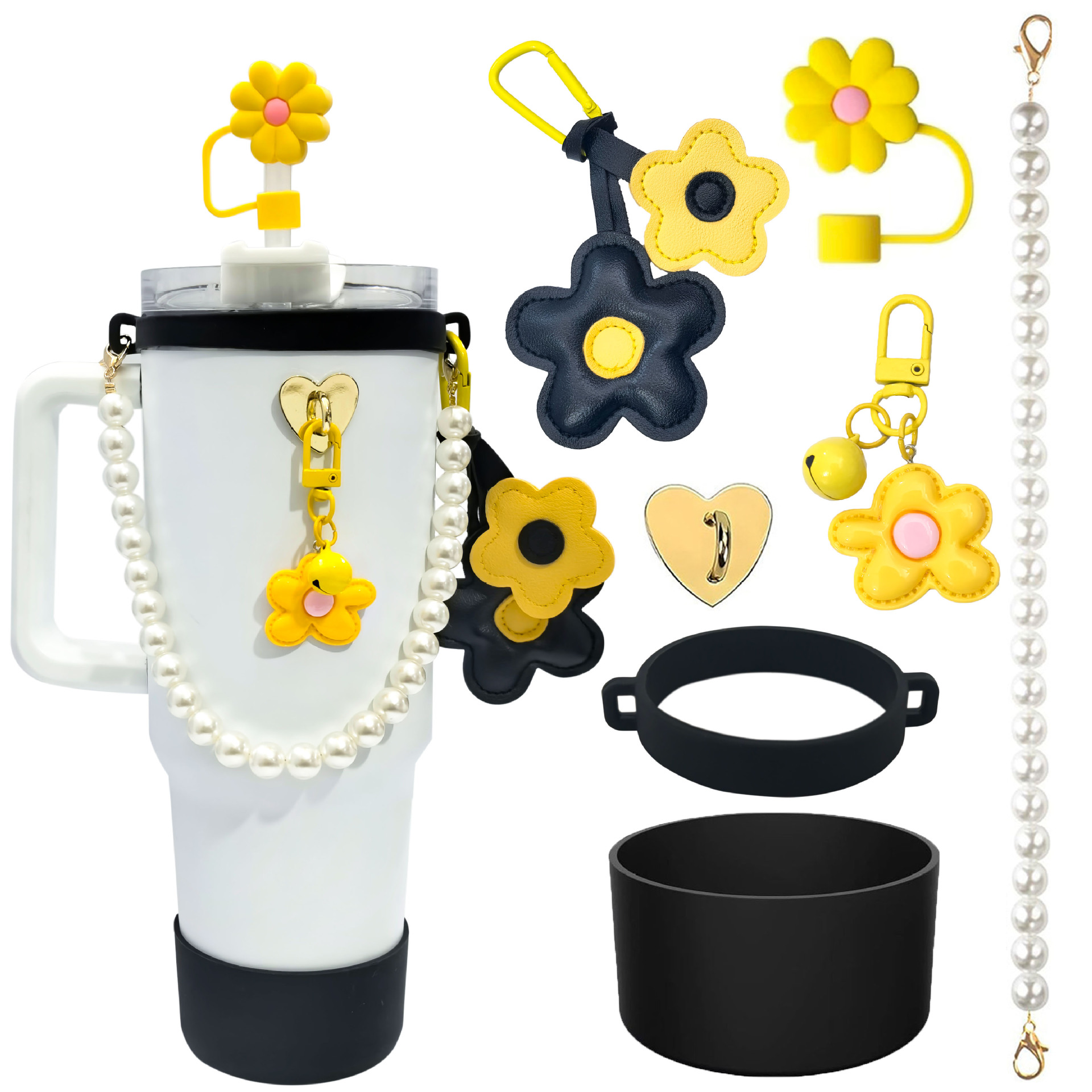 Water cup accessory set, flower pendant, straw cap, pearl chain, ice cream cup, silicone cup cover combination