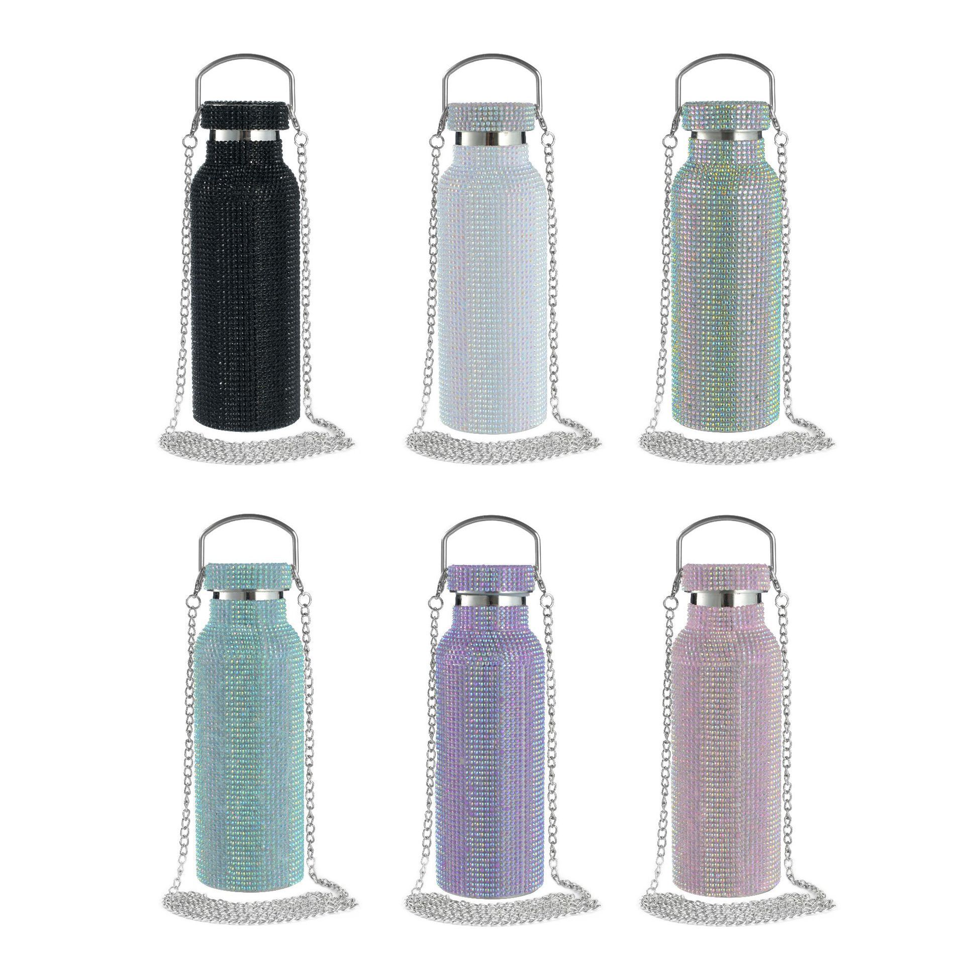 American style large mouth 304 stainless steel double-layer outdoor steel cover with diamond coated vacuum insulated cup, outdoor sports bottle with diamond inlaid cup