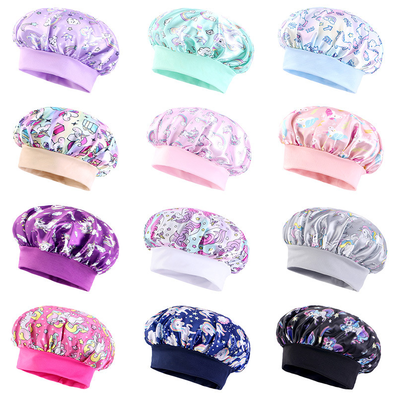 Amazon hot selling unicorn cartoon printed children's wide brimmed nightcap baby hair care cap