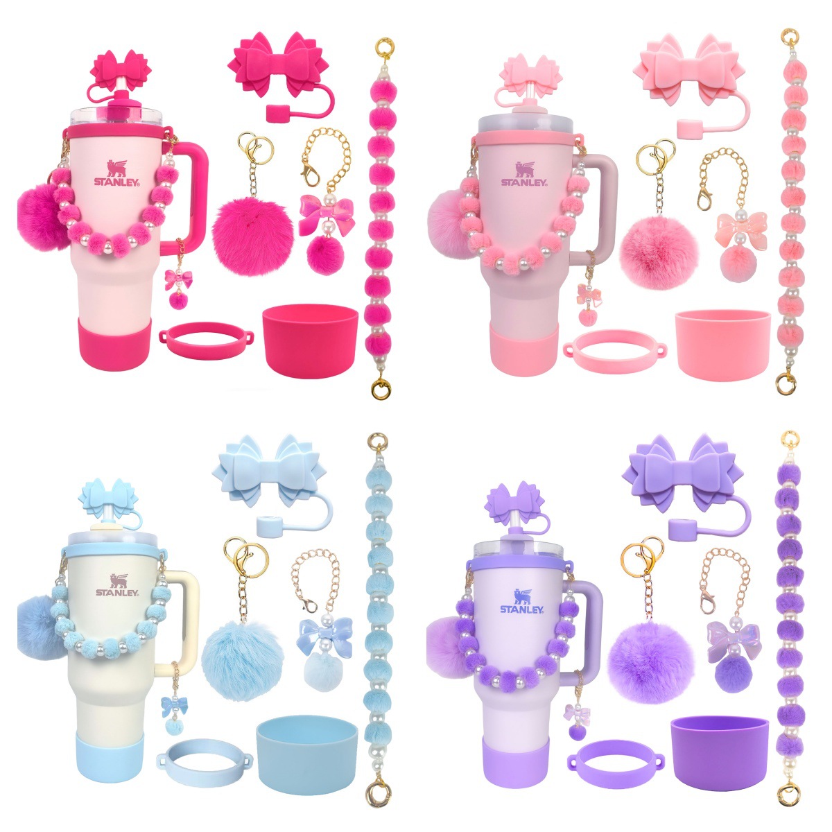 Water cup accessories silicone large bow straw cap pearl wool ball cup chain silicone cup cover in stock